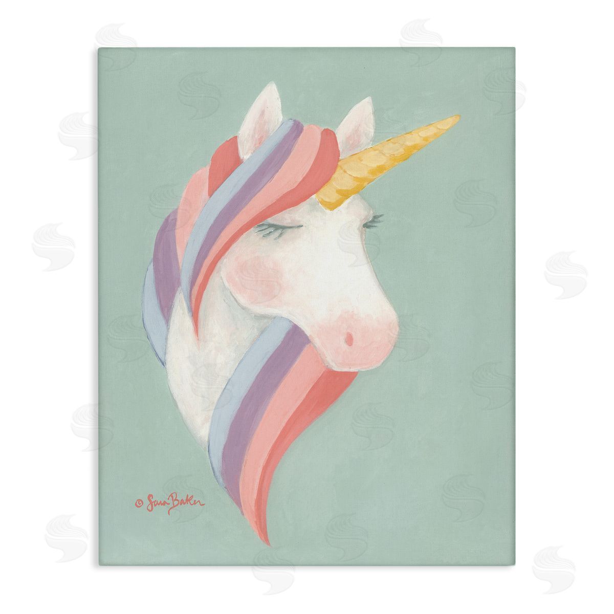Sara Baker Dazzling Unicorn Pastel Striped Mane Fantasy Horse Stretched Canvas Wall Art Print