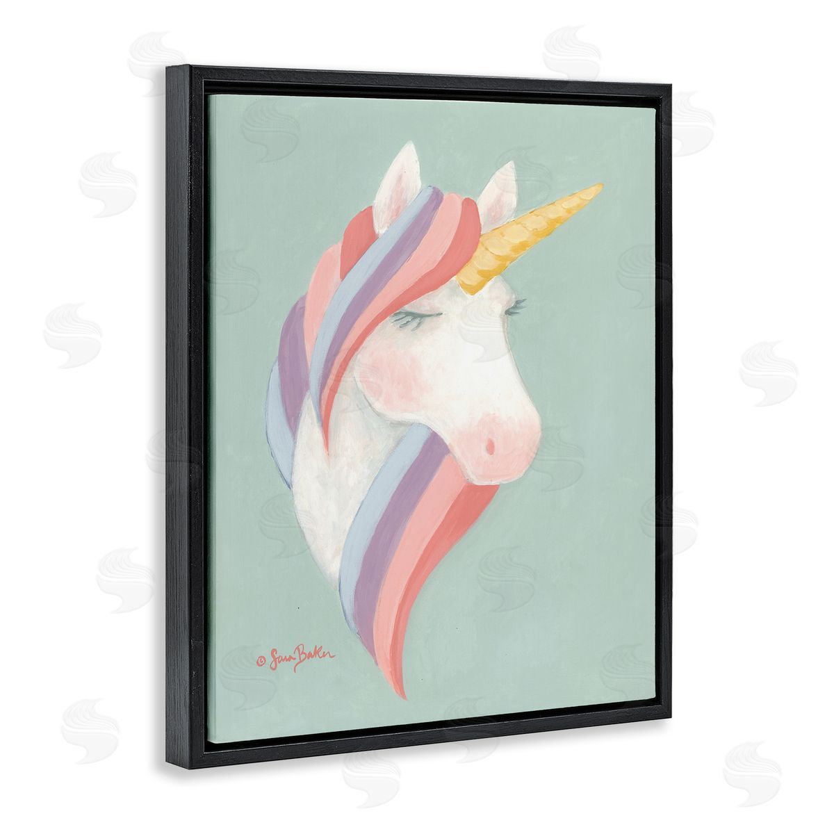 Sara Baker Dazzling Unicorn Pastel Striped Mane Fantasy Horse Black Floating Frame Canvas Wall Art Print