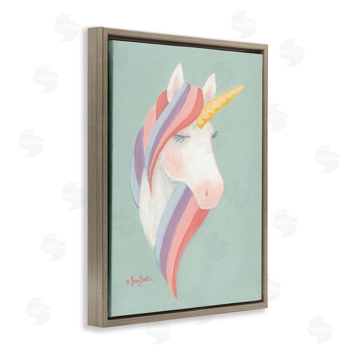 Sara Baker Dazzling Unicorn Pastel Striped Mane Fantasy Horse Brown Floating Frame Canvas Wall Art Print