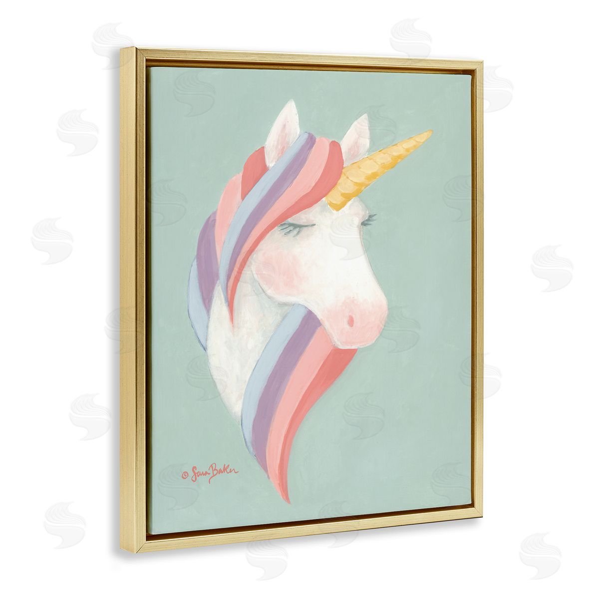 Sara Baker Dazzling Unicorn Pastel Striped Mane Fantasy Horse Gold Floating Frame Canvas Wall Art Print
