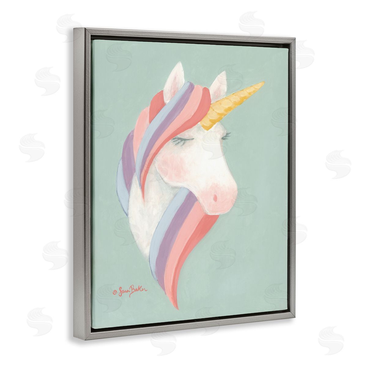 Sara Baker Dazzling Unicorn Pastel Striped Mane Fantasy Horse Gray Floating Frame Canvas Wall Art Print