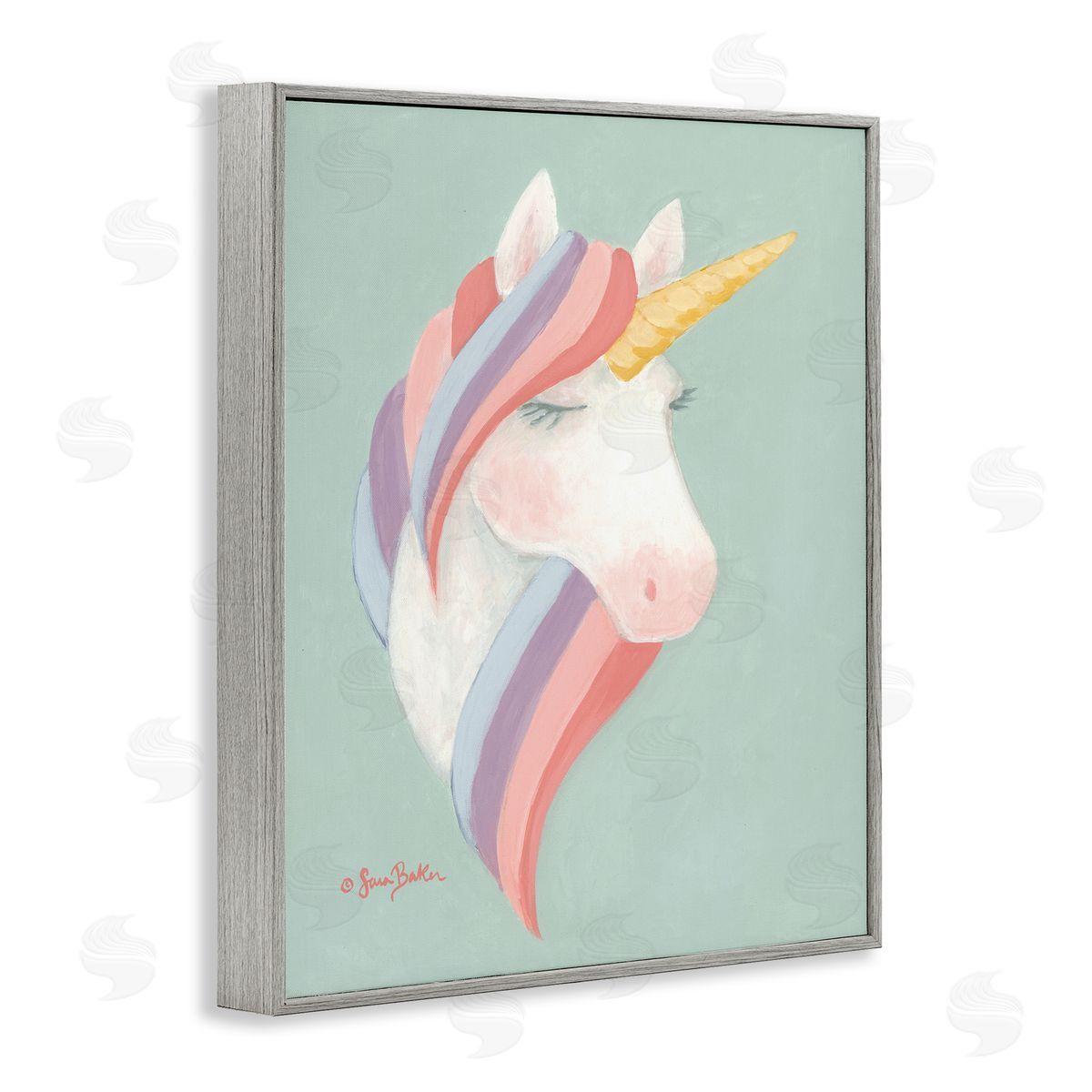Sara Baker Dazzling Unicorn Pastel Striped Mane Fantasy Horse Gray Framed Giclee Wall Art Print