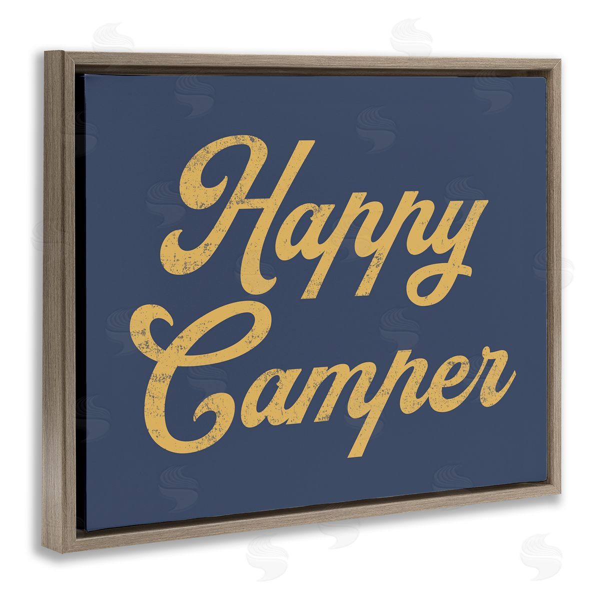 Stupell Studio Happy Camper Vintage Script Phrase Yellow  Brown Floating Frame Canvas Wall Art Print