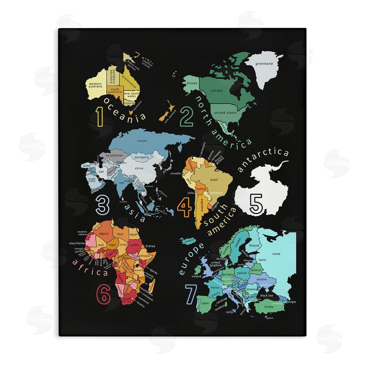 Carla Daly Seven Continents Informative Diagram Map Detailed Countries Stretched Canvas Wall Art Print