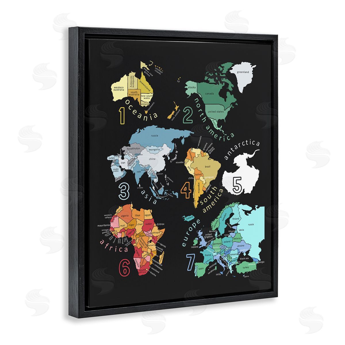 Carla Daly Seven Continents Informative Diagram Map Detailed Countries Black Floating Frame Canvas Wall Art Print