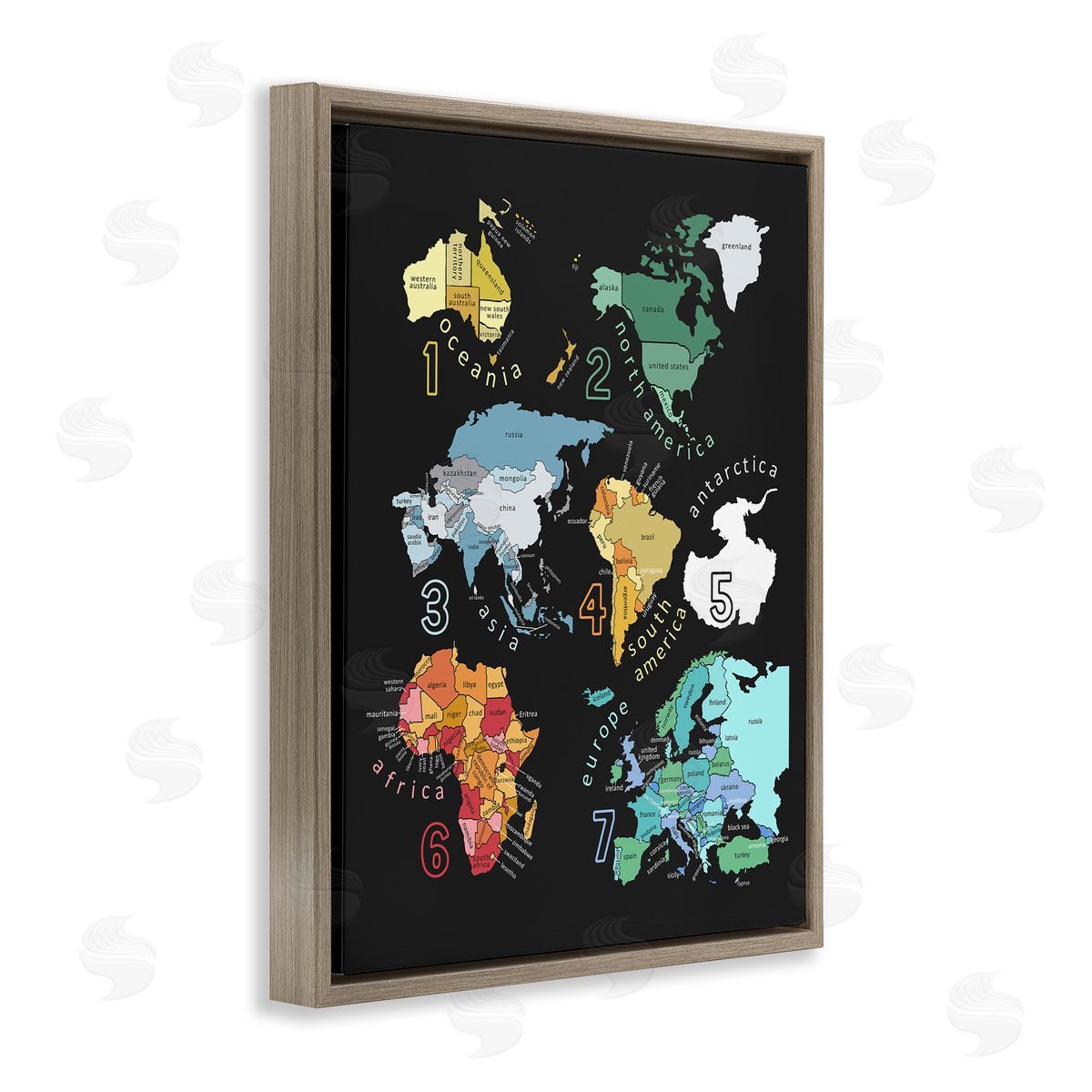 Carla Daly Seven Continents Informative Diagram Map Detailed Countries Brown Floating Frame Canvas Wall Art Print