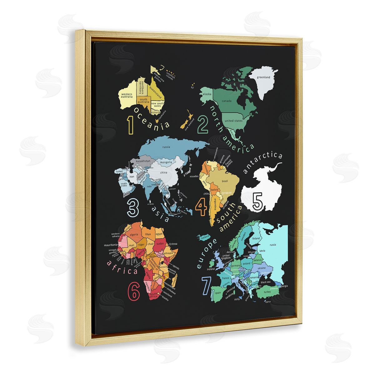 Carla Daly Seven Continents Informative Diagram Map Detailed Countries Gold Floating Frame Canvas Wall Art Print