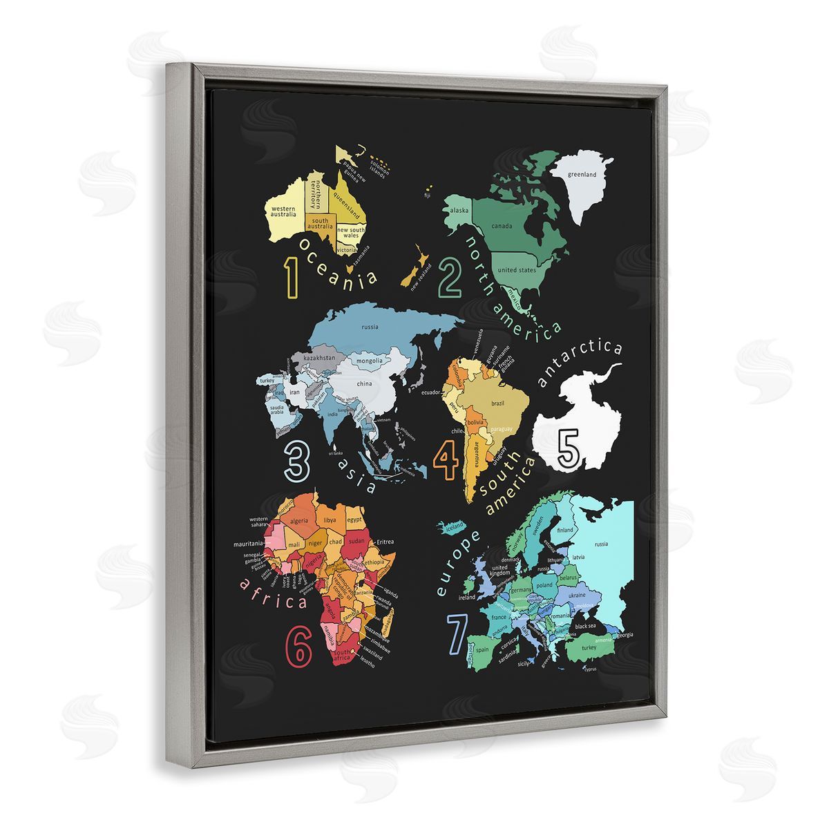 Carla Daly Seven Continents Informative Diagram Map Detailed Countries Gray Floating Frame Canvas Wall Art Print