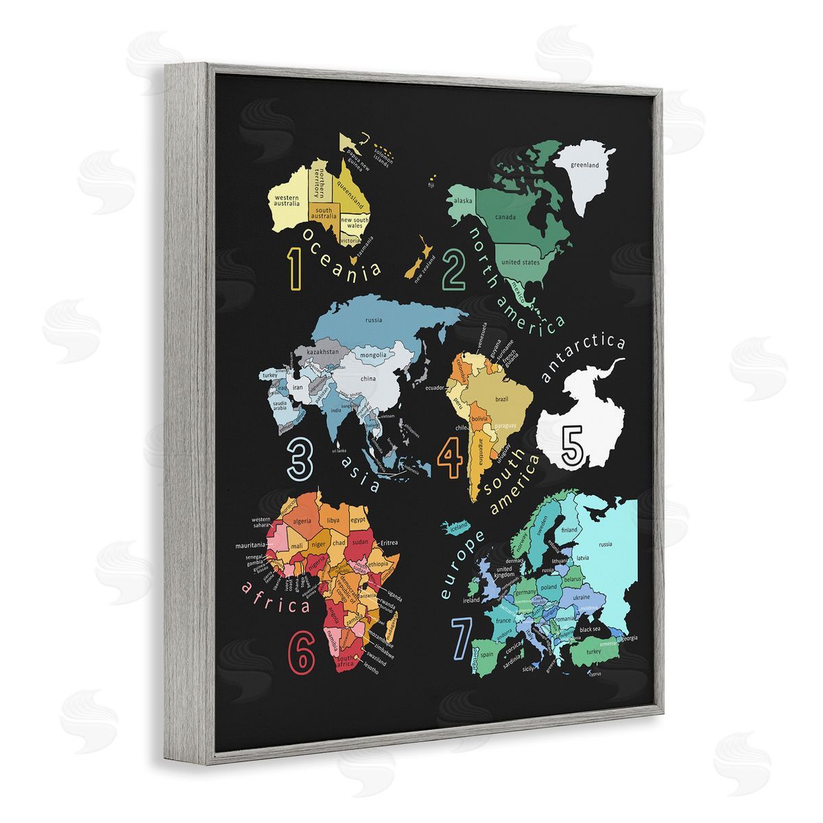 Carla Daly Seven Continents Informative Diagram Map Detailed Countries Gray Framed Giclee Wall Art Print