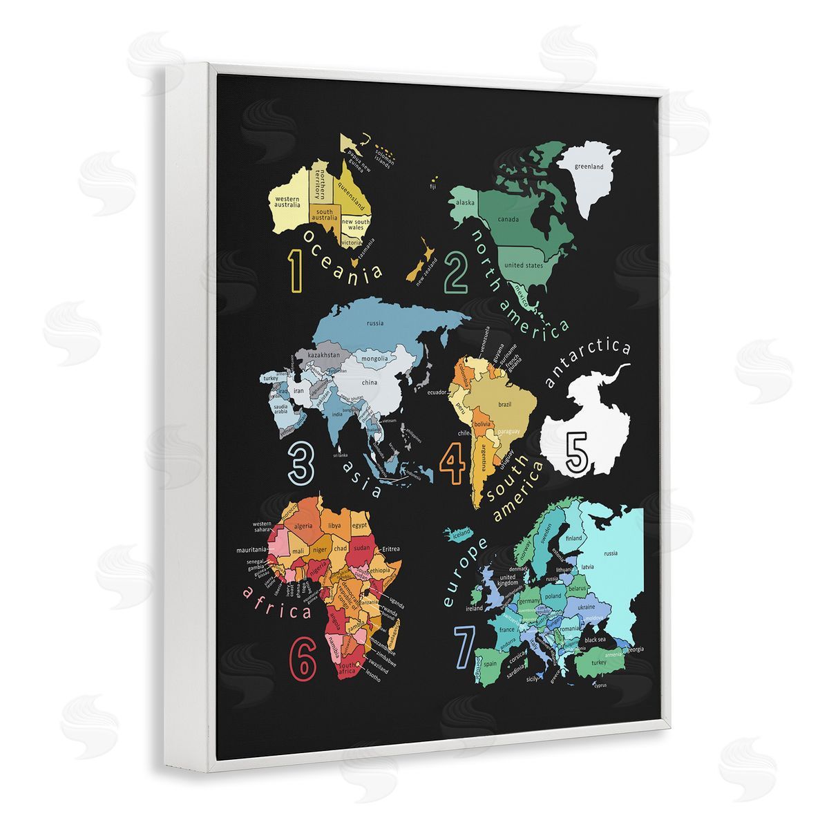 Carla Daly Seven Continents Informative Diagram Map Detailed Countries White Framed Giclee Wall Art Print