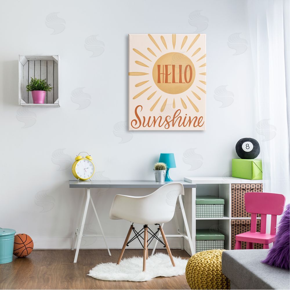 Jalynn Heerdt Hello Sunshine Bold Calligraphy Sun Rays Shining Canvas Wall Art Print in Room