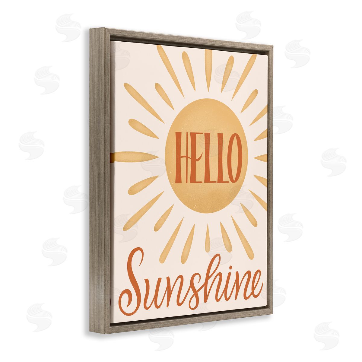 Jalynn Heerdt Hello Sunshine Bold Calligraphy Sun Rays Shining Brown Floating Frame Canvas Wall Art Print