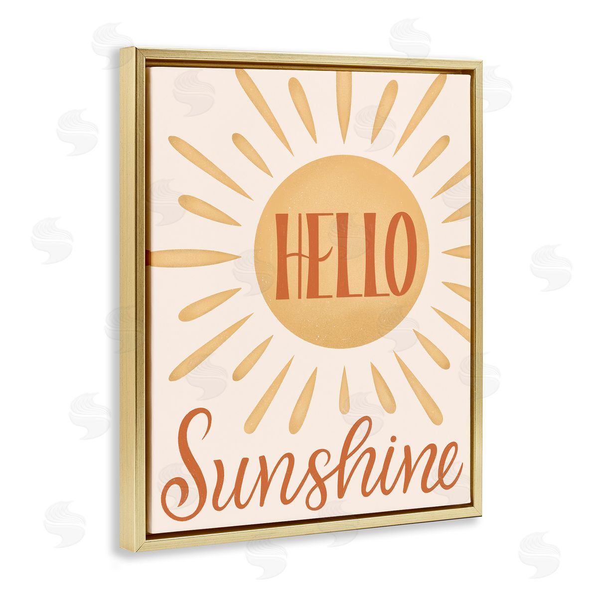 Jalynn Heerdt Hello Sunshine Bold Calligraphy Sun Rays Shining Gold Floating Frame Canvas Wall Art Print