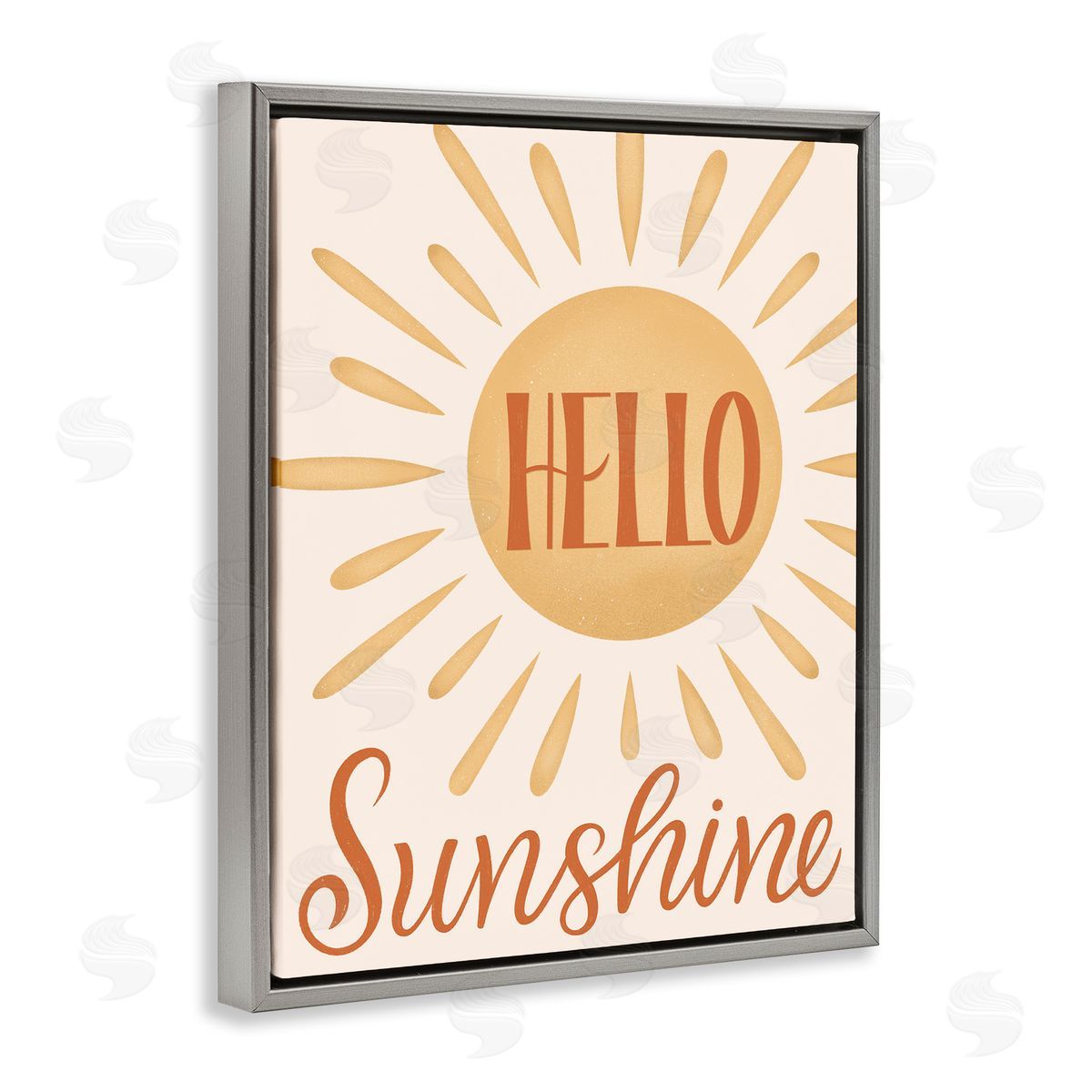 Jalynn Heerdt Hello Sunshine Bold Calligraphy Sun Rays Shining Gray Floating Frame Canvas Wall Art Print