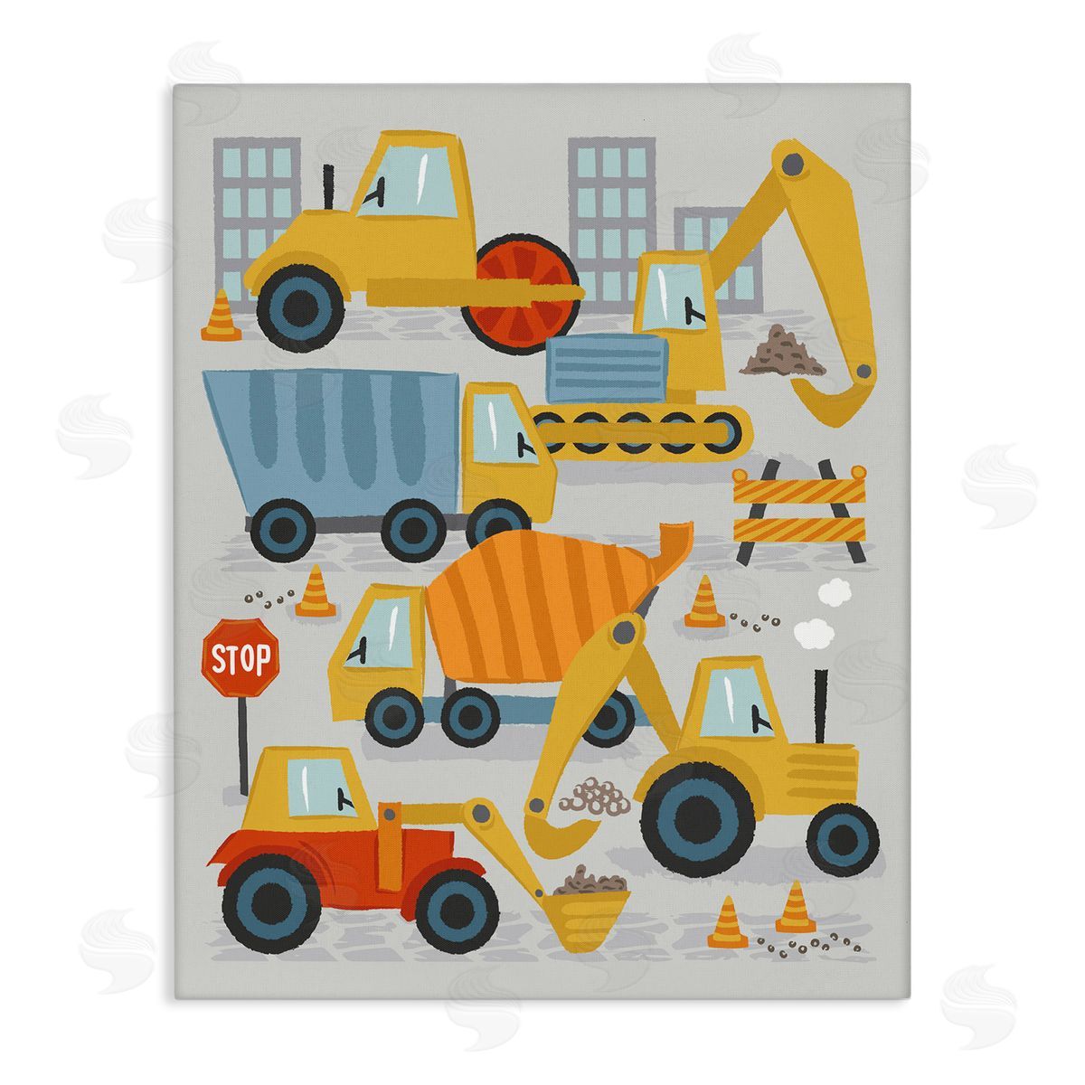 Lisa Perry Whitebutton Construction Vehicles Bulldozing Buildings Traffic Cones Illustration Stretched Canvas Wall Art Print