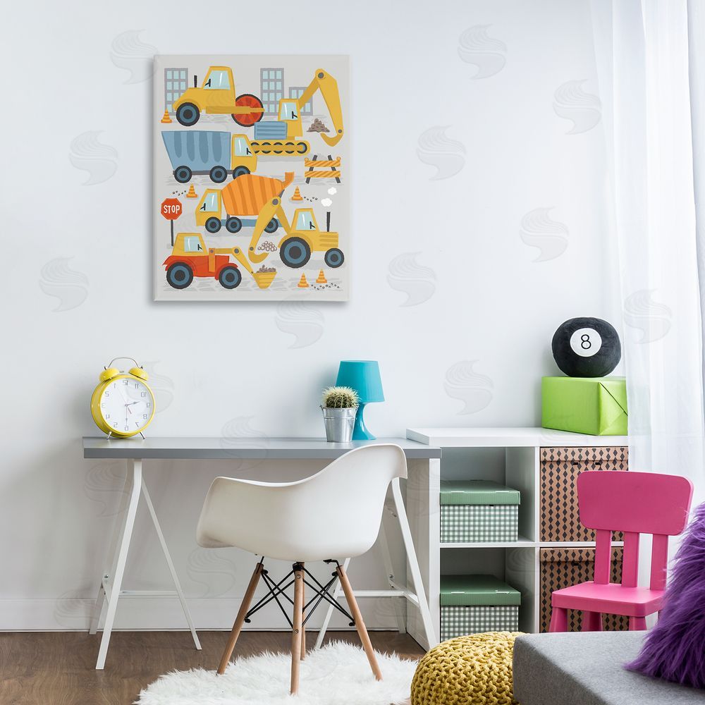 Lisa Perry Whitebutton Construction Vehicles Bulldozing Buildings Traffic Cones Illustration Canvas Wall Art Print in Room