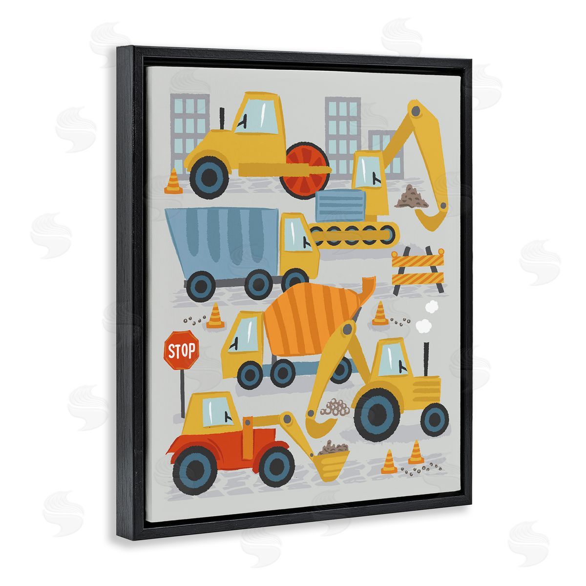 Lisa Perry Whitebutton Construction Vehicles Bulldozing Buildings Traffic Cones Illustration Black Floating Frame Canvas Wall Art Print
