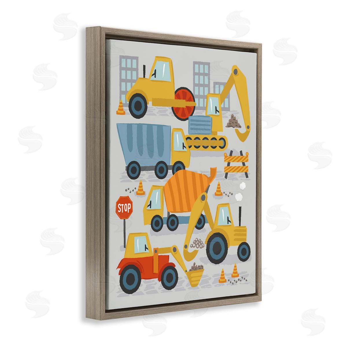 Lisa Perry Whitebutton Construction Vehicles Bulldozing Buildings Traffic Cones Illustration Brown Floating Frame Canvas Wall Art Print