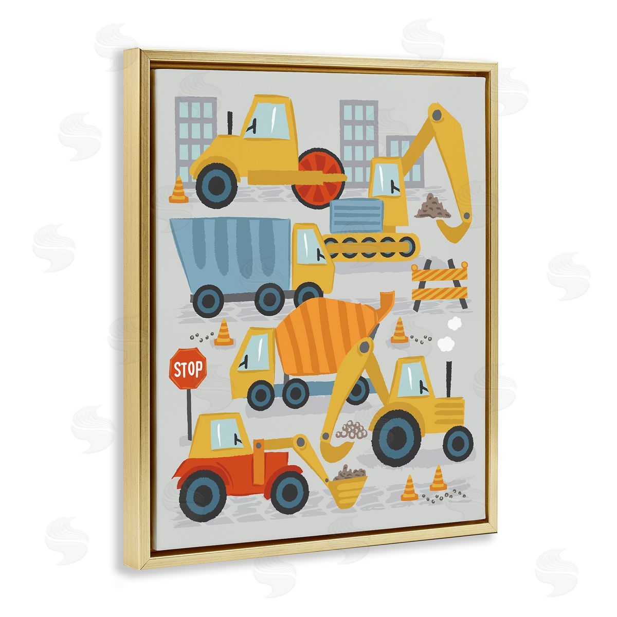 Lisa Perry Whitebutton Construction Vehicles Bulldozing Buildings Traffic Cones Illustration Gold Floating Frame Canvas Wall Art Print
