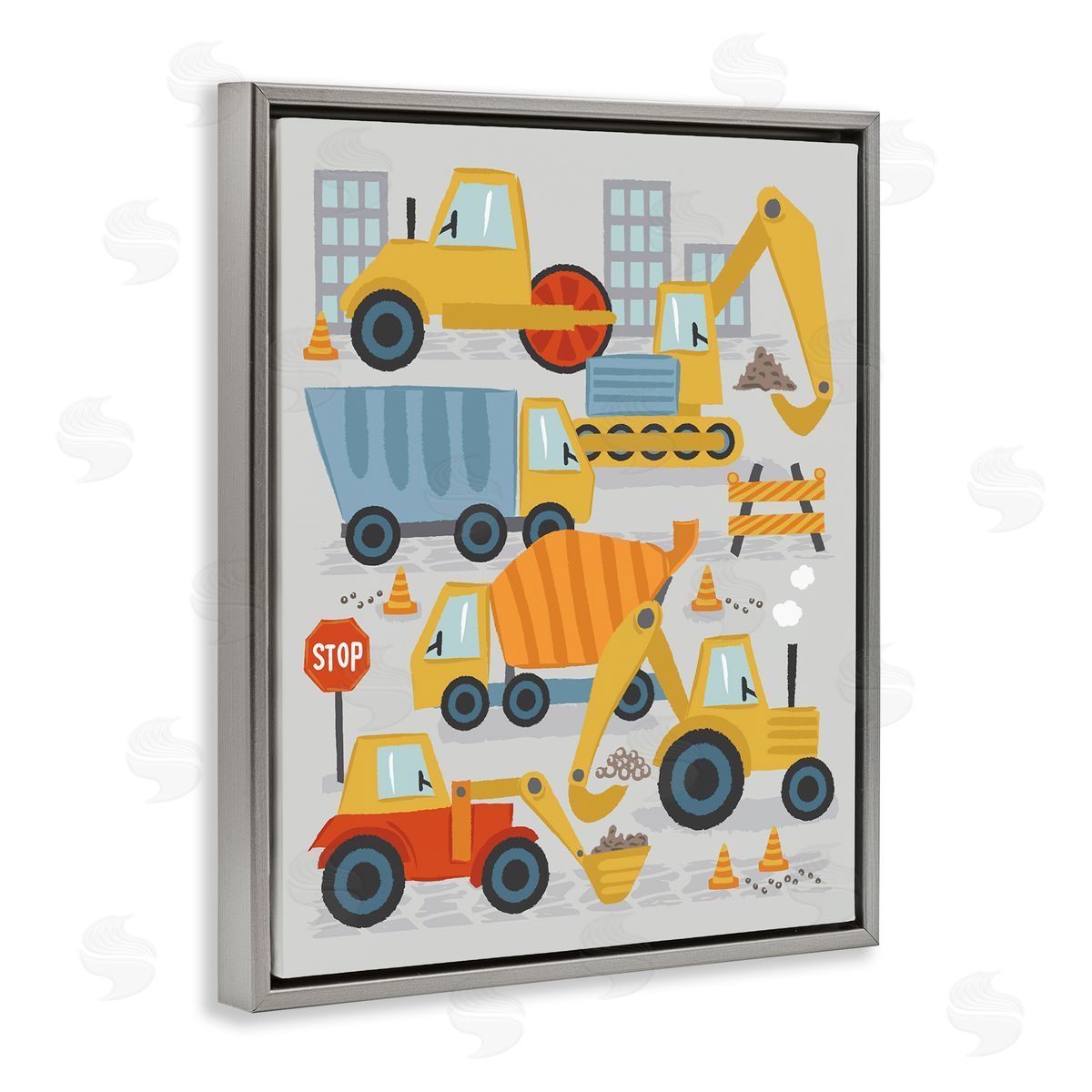 Lisa Perry Whitebutton Construction Vehicles Bulldozing Buildings Traffic Cones Illustration Gray Floating Frame Canvas Wall Art Print