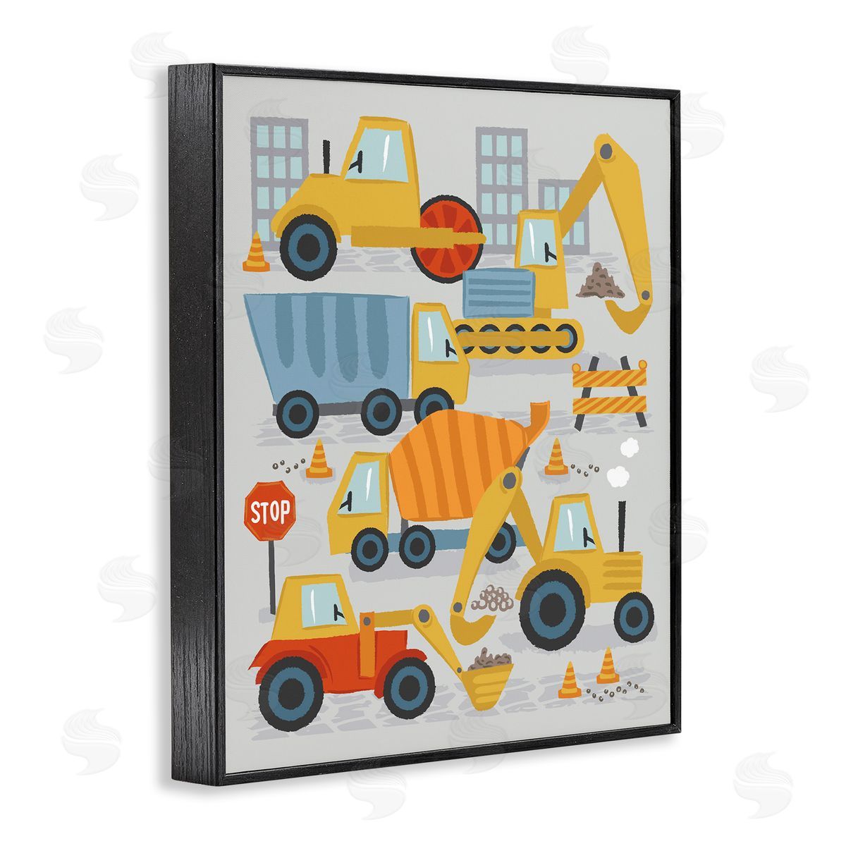 Lisa Perry Whitebutton Construction Vehicles Bulldozing Buildings Traffic Cones Illustration Black Framed Giclee Wall Art Print