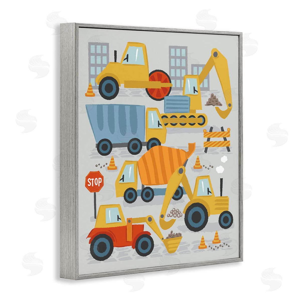 Lisa Perry Whitebutton Construction Vehicles Bulldozing Buildings Traffic Cones Illustration Gray Framed Giclee Wall Art Print