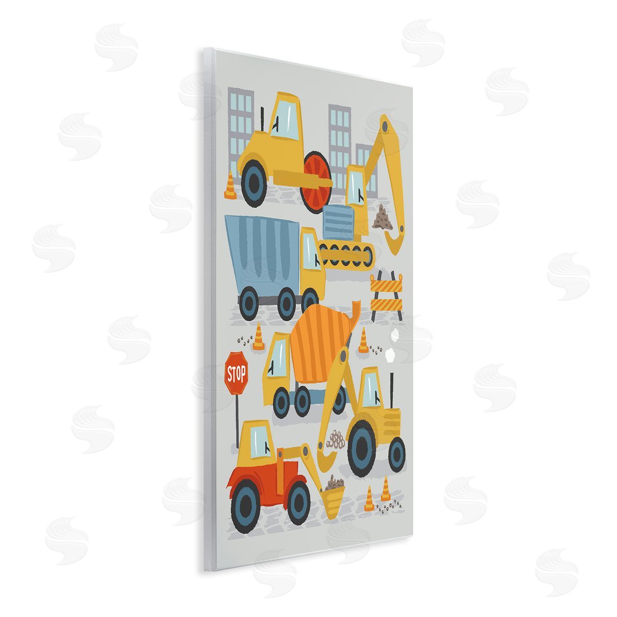 Lisa Perry Whitebutton Construction Vehicles Bulldozing Buildings Traffic Cones Illustration Wall Plaque Art Print