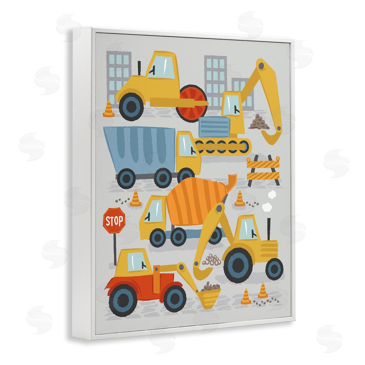 Lisa Perry Whitebutton Construction Vehicles Bulldozing Buildings Traffic Cones Illustration White Framed Giclee Wall Art Print