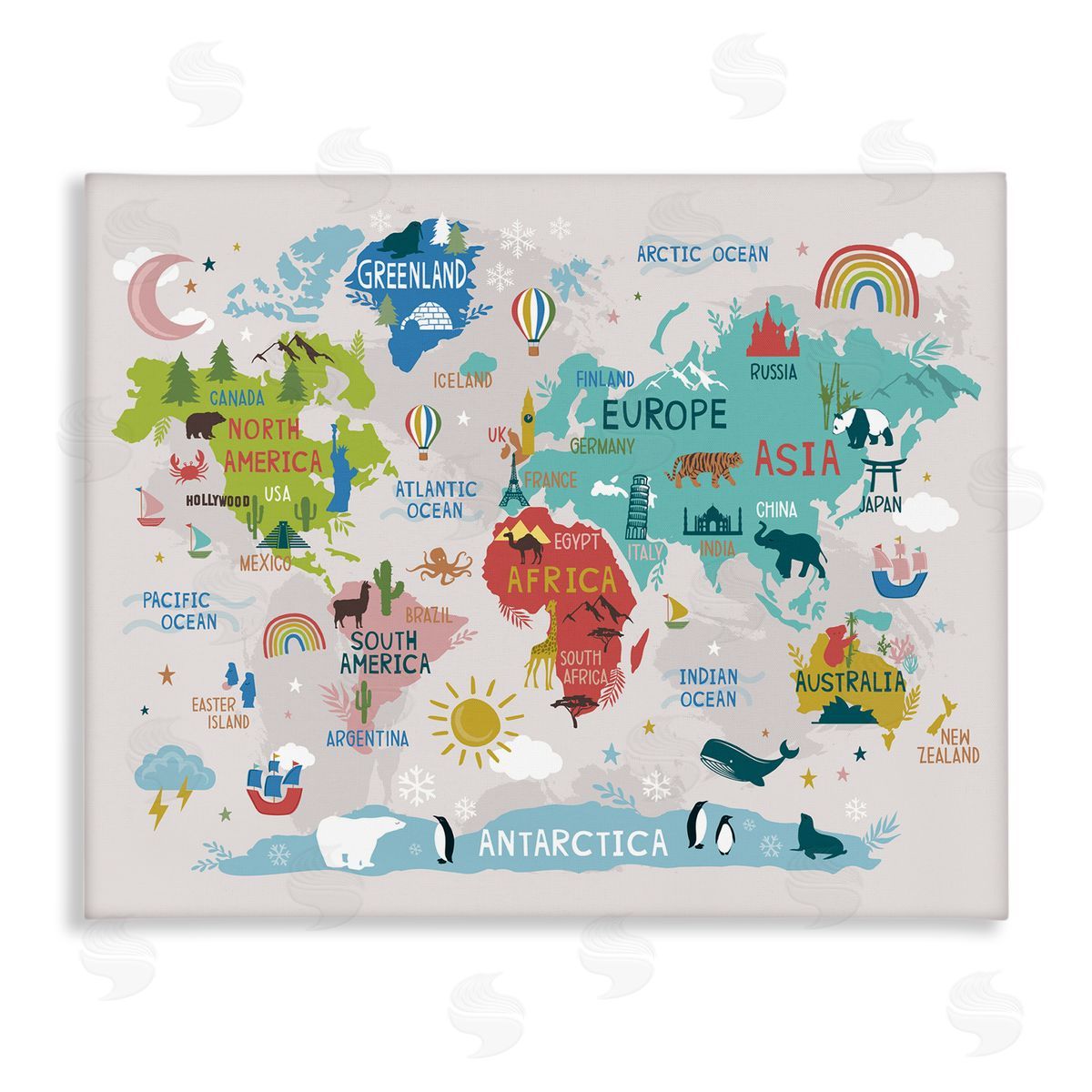 Lisa Perry Whitebutton Landmarks & Wildlife Illustration World Map Diagram Chart Stretched Canvas Wall Art Print