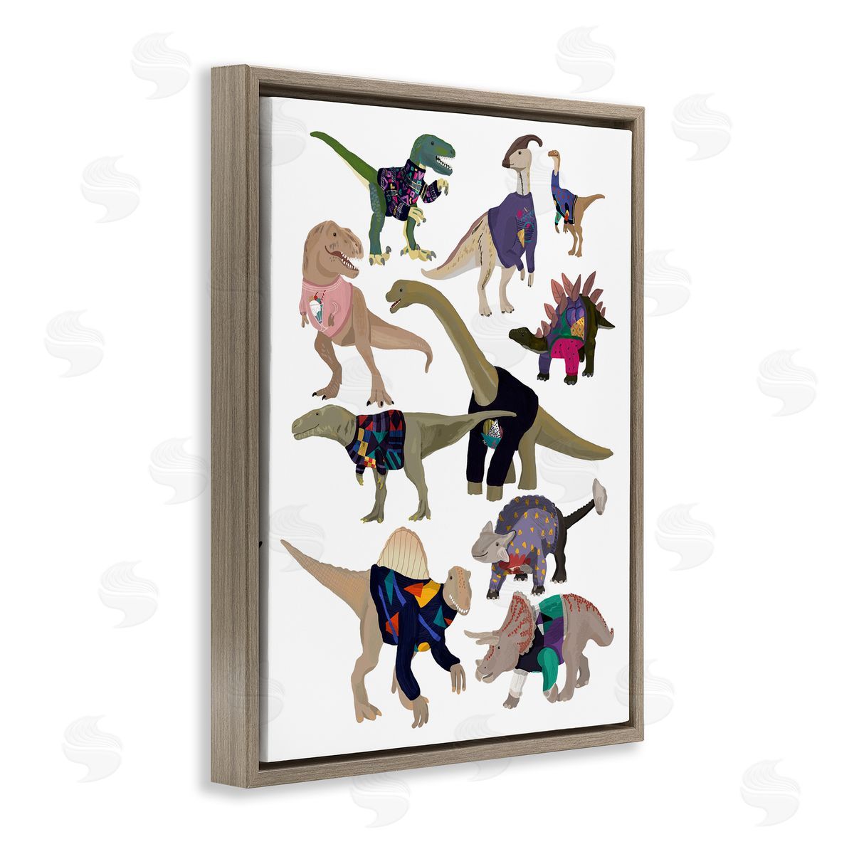 Hanna Melin Quirky Sweater Trend Dinosaurs Vintage Fashion  Brown Floating Frame Canvas Wall Art Print
