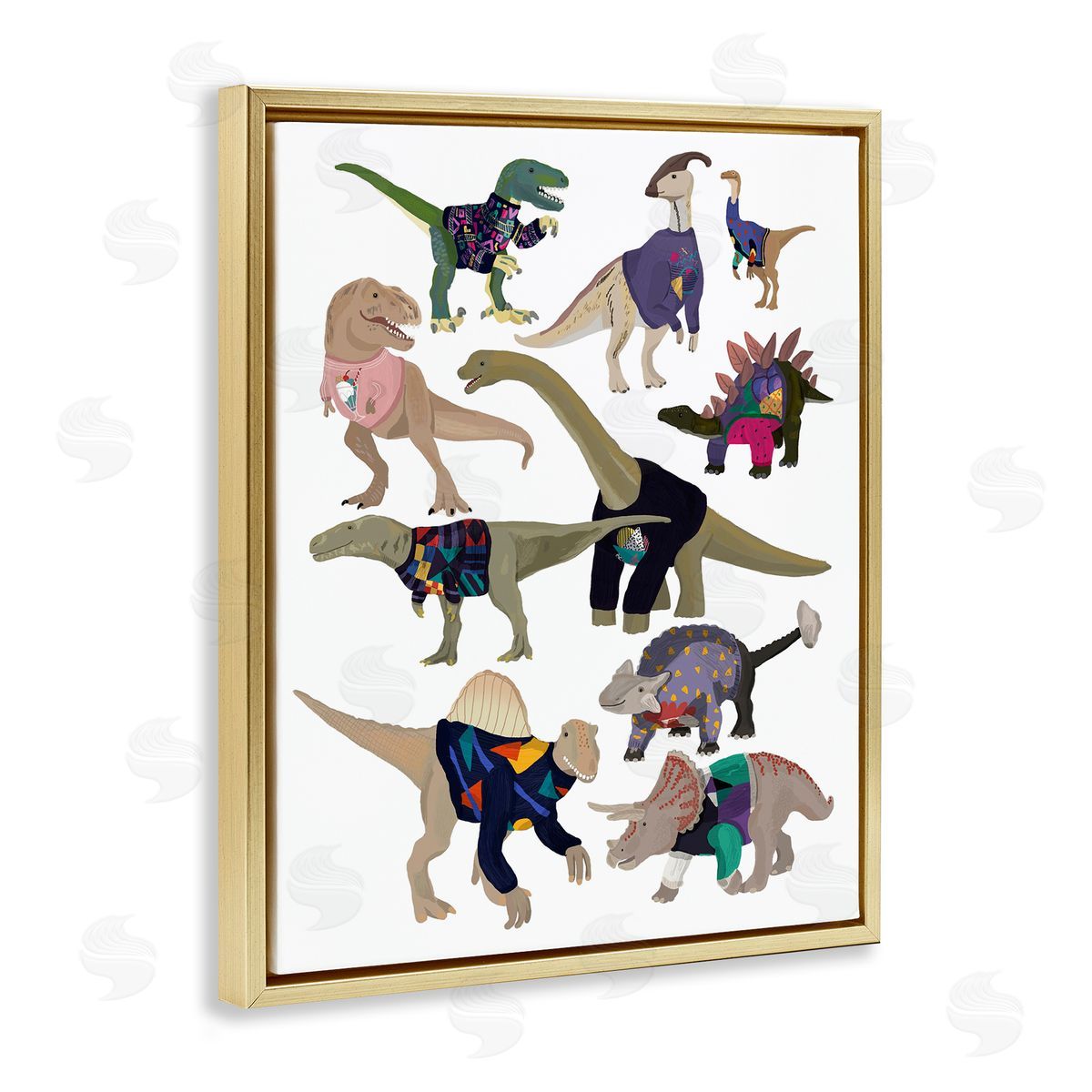Hanna Melin Quirky Sweater Trend Dinosaurs Vintage Fashion  Gold Floating Frame Canvas Wall Art Print