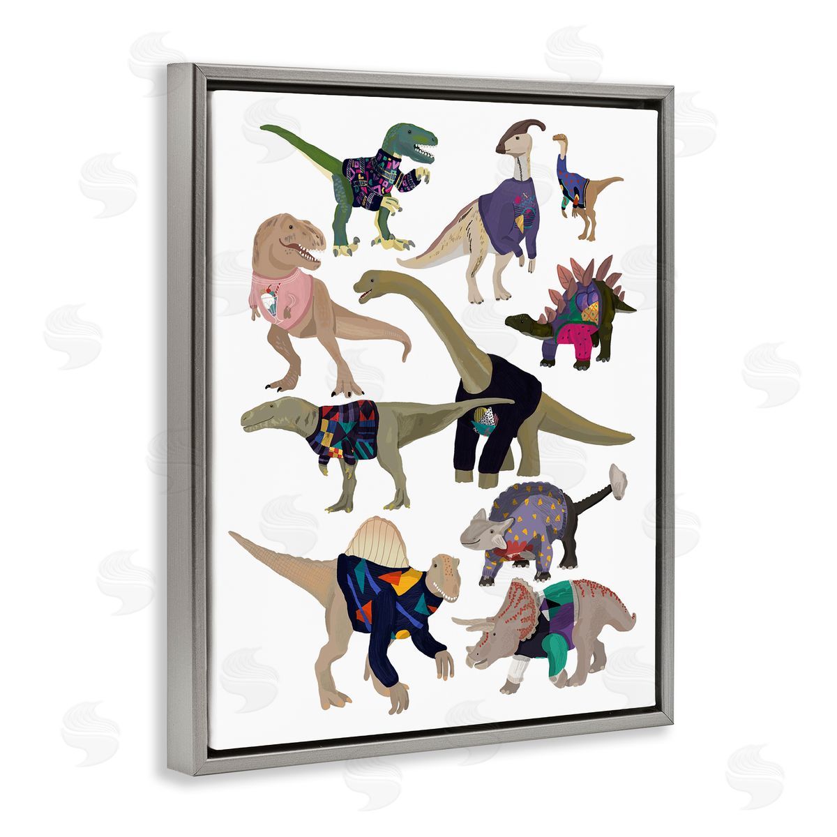 Hanna Melin Quirky Sweater Trend Dinosaurs Vintage Fashion  Gray Floating Frame Canvas Wall Art Print