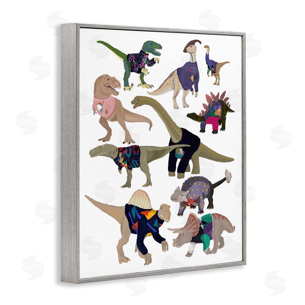 Hanna Melin Quirky Sweater Trend Dinosaurs Vintage Fashion  Gray Framed Giclee Wall Art Print