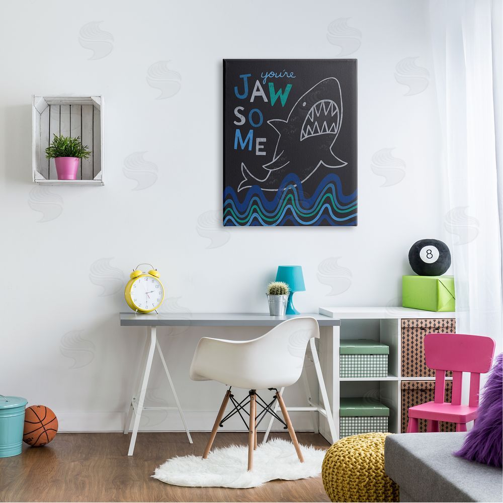 Nina Seven You're Jawsome Witty Shark Phrase Ocean Waves Stripes  Canvas Wall Art Print in Room