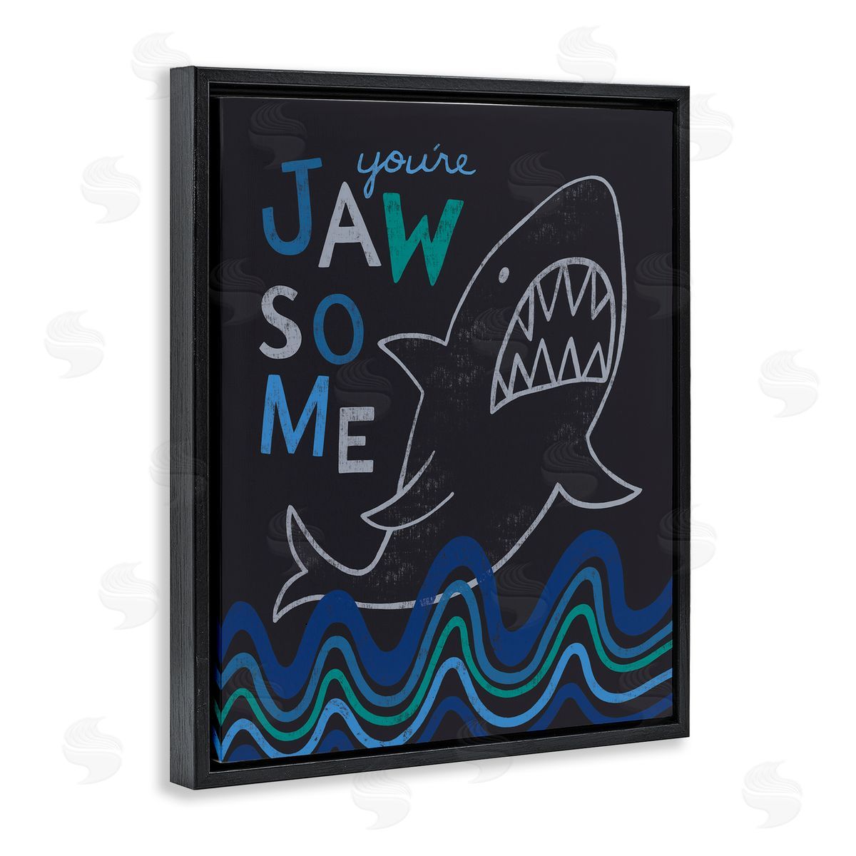 Nina Seven You're Jawsome Witty Shark Phrase Ocean Waves Stripes  Black Floating Frame Canvas Wall Art Print