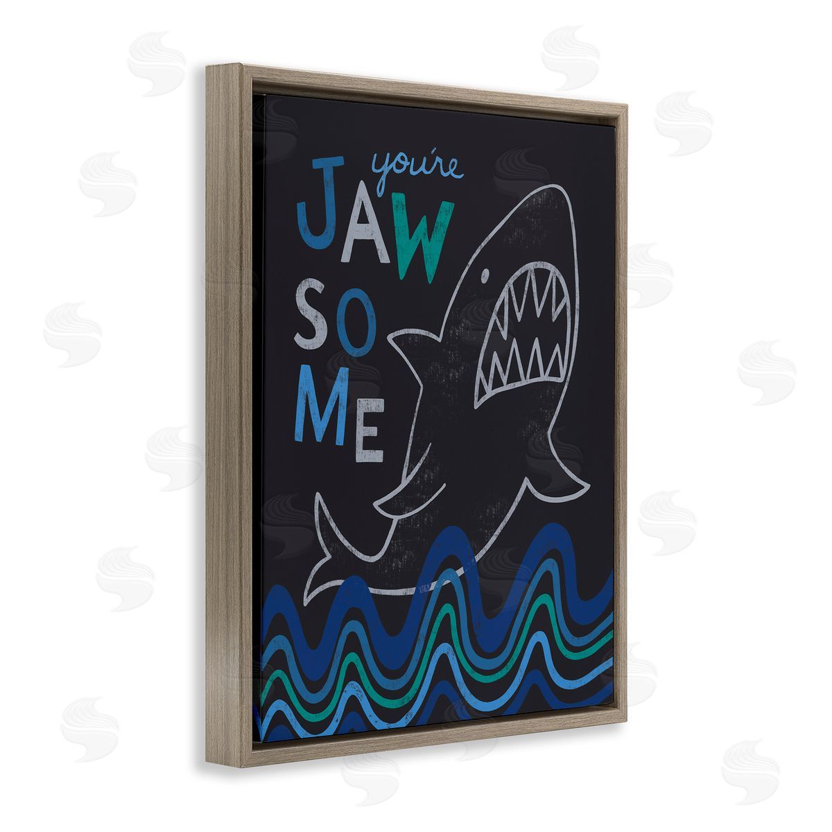 Nina Seven You're Jawsome Witty Shark Phrase Ocean Waves Stripes  Brown Floating Frame Canvas Wall Art Print