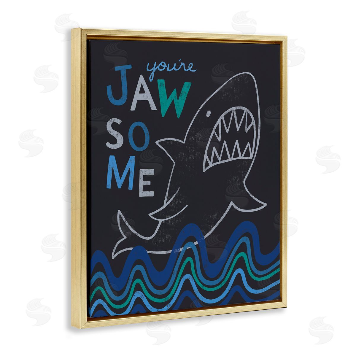 Nina Seven You're Jawsome Witty Shark Phrase Ocean Waves Stripes  Gold Floating Frame Canvas Wall Art Print