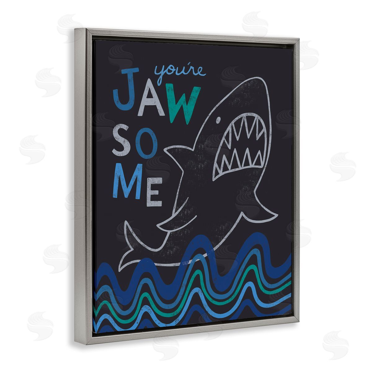 Nina Seven You're Jawsome Witty Shark Phrase Ocean Waves Stripes  Gray Floating Frame Canvas Wall Art Print