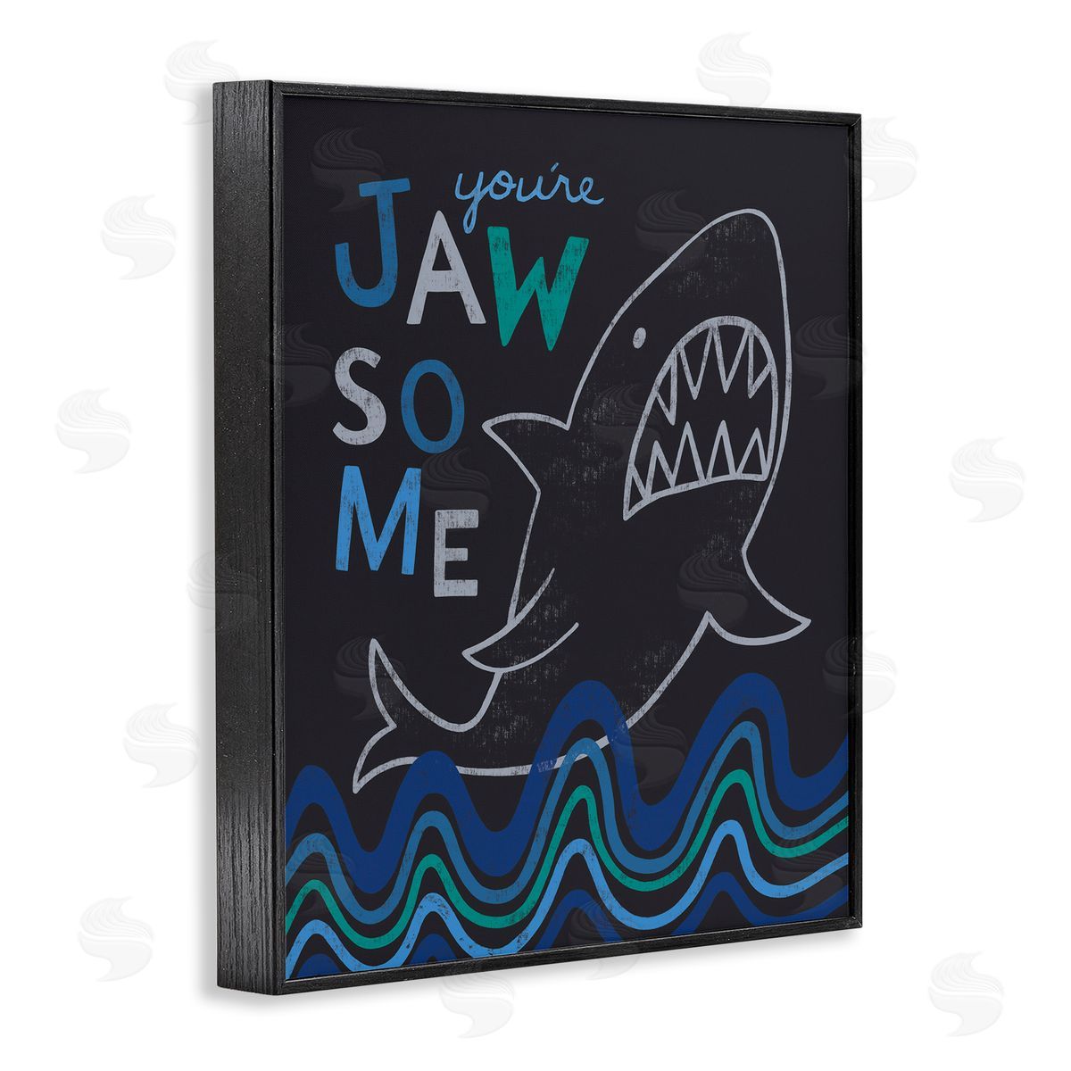 Nina Seven You're Jawsome Witty Shark Phrase Ocean Waves Stripes  Black Framed Giclee Wall Art Print