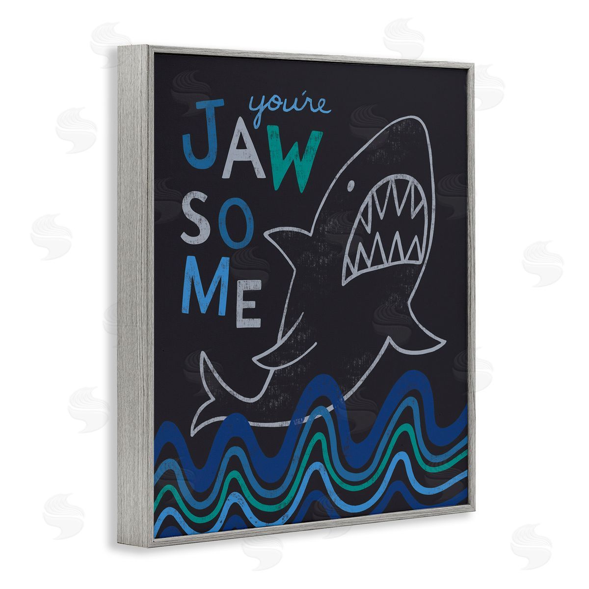 Nina Seven You're Jawsome Witty Shark Phrase Ocean Waves Stripes  Gray Framed Giclee Wall Art Print