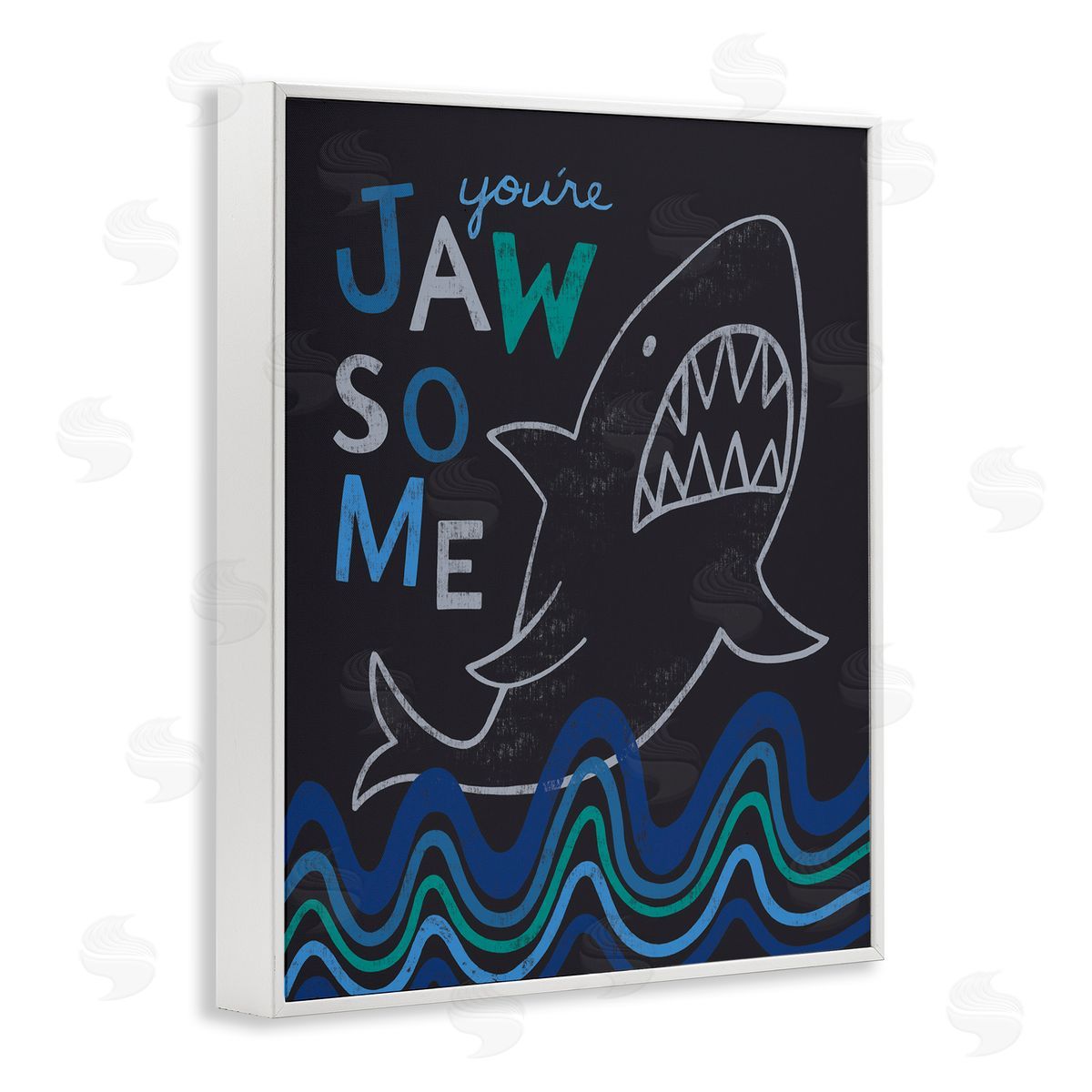 Nina Seven You're Jawsome Witty Shark Phrase Ocean Waves Stripes  White Framed Giclee Wall Art Print