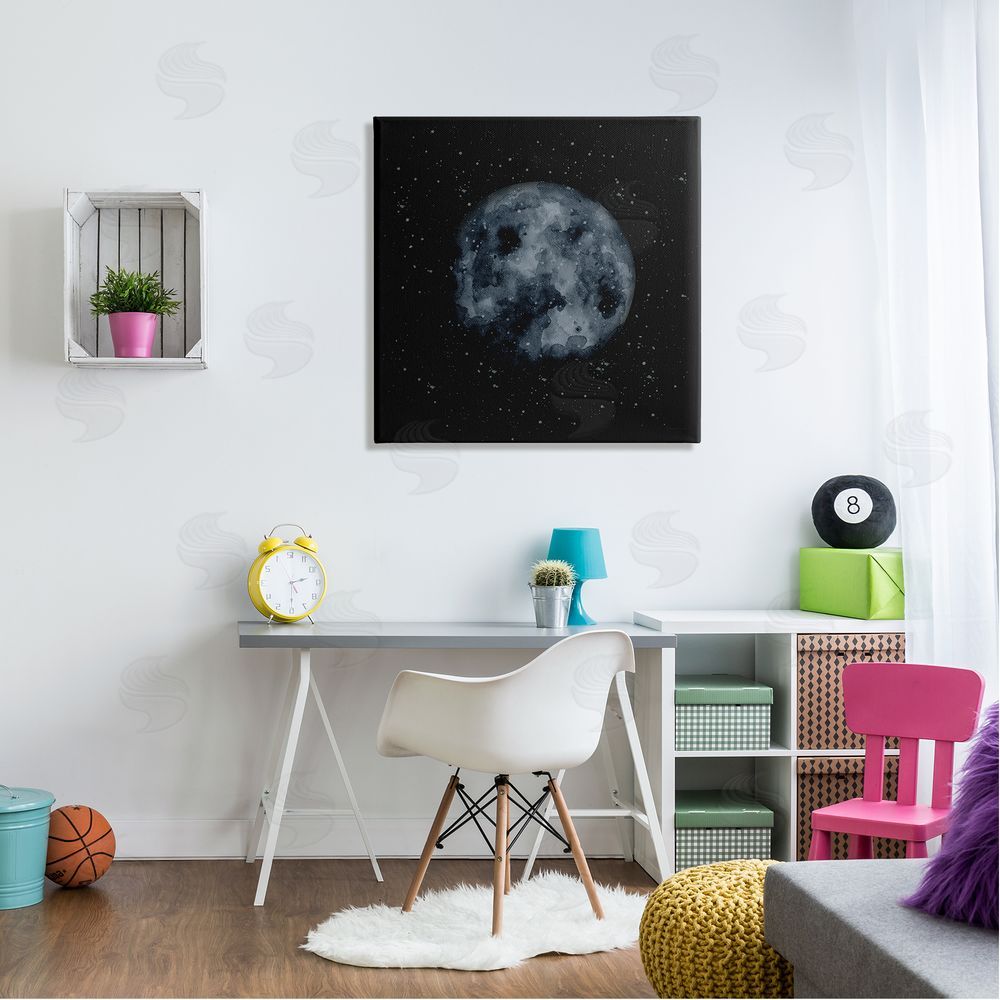 Rachel Nieman Obscured Moon Dark Starry Galaxy Watercolor Effect Canvas Wall Art in Room