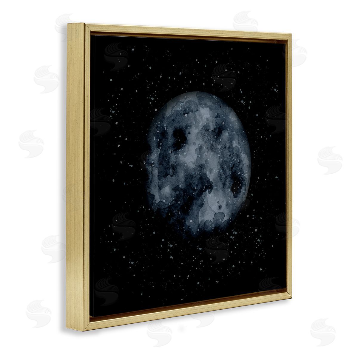 Rachel Nieman Obscured Moon Dark Starry Galaxy Watercolor Effect Gold Floating Frame Canvas Wall Art Print