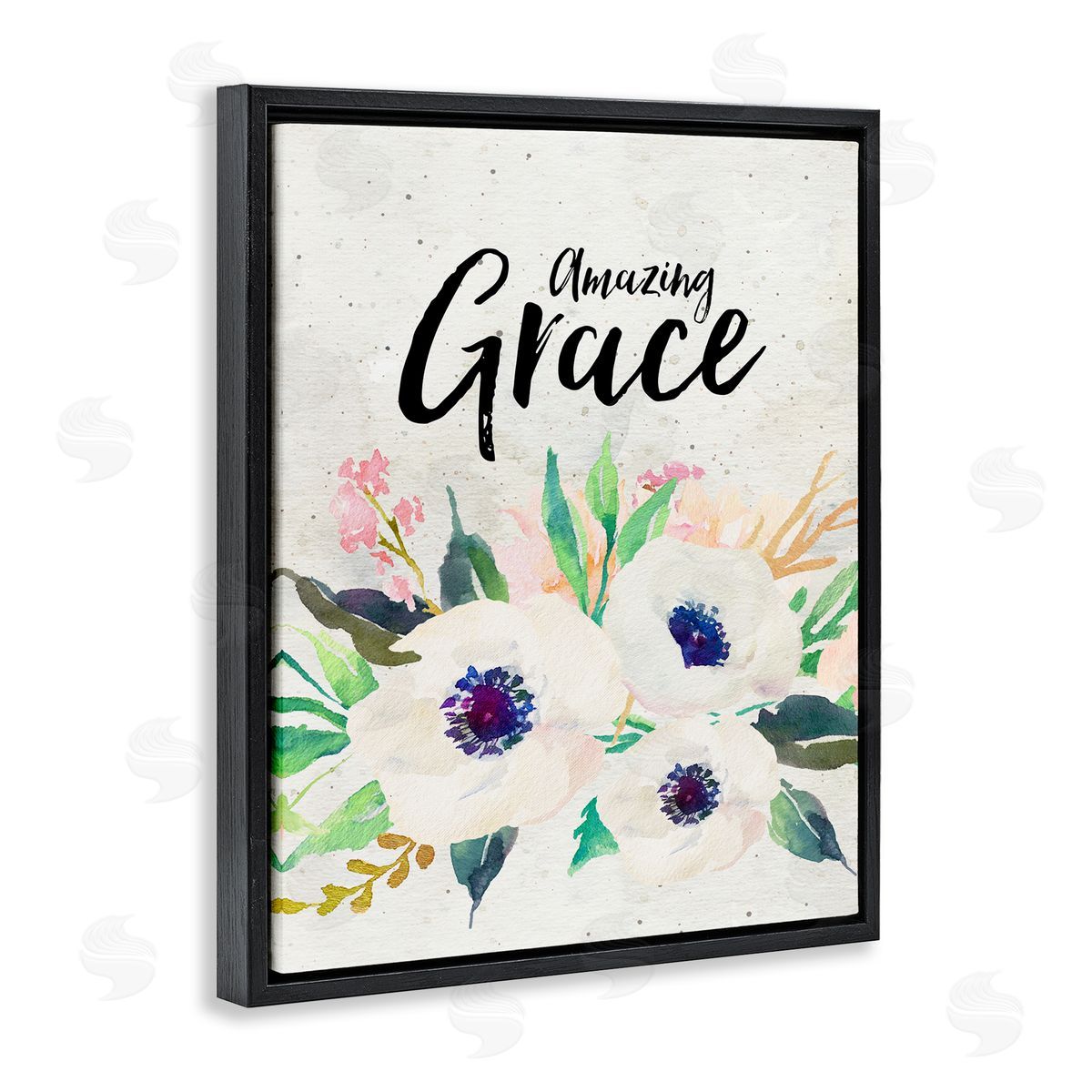 Amy Brinkman Amazing Grace Calligraphy White Flower Blossom Botanicals Black Floating Frame Canvas Wall Art Print