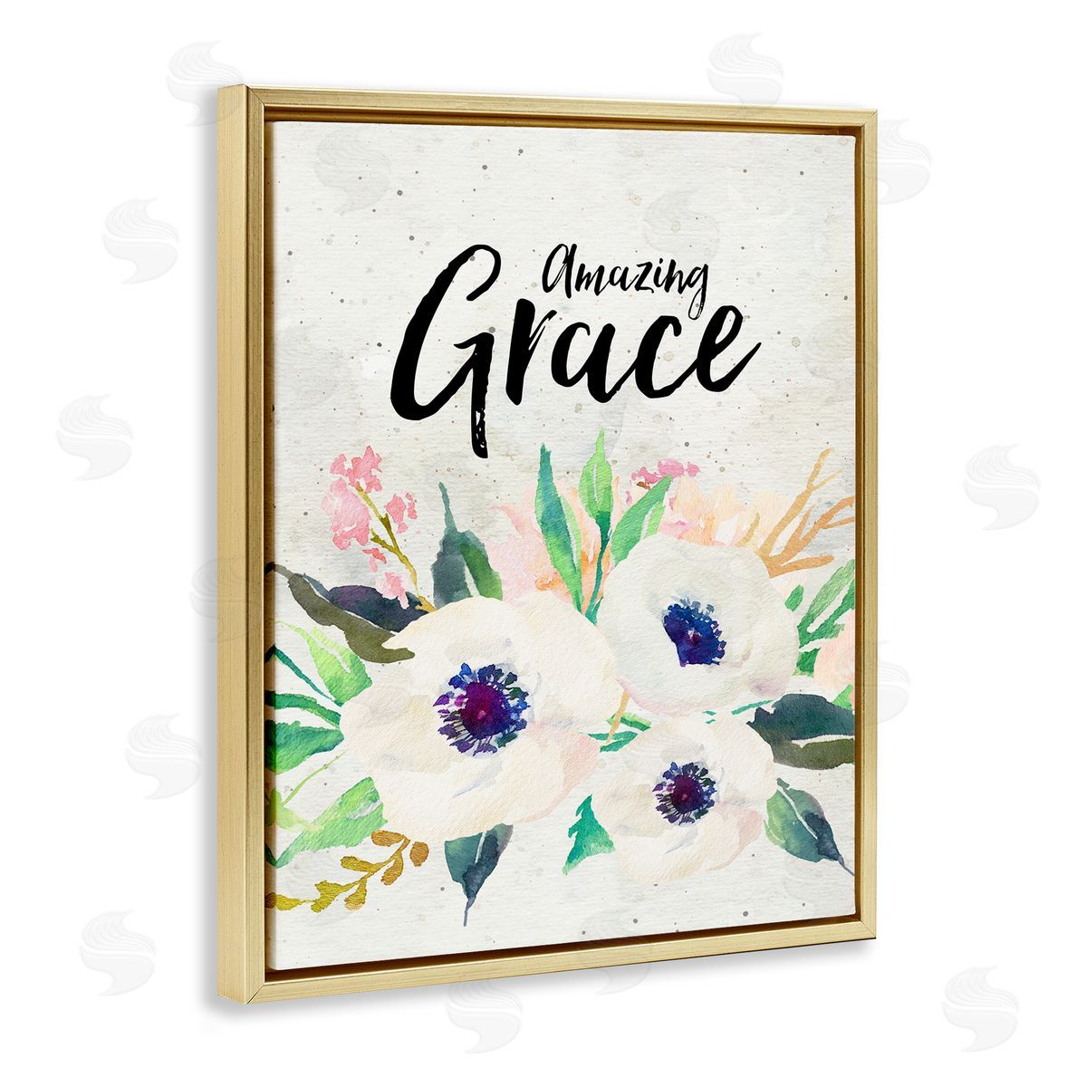 Amy Brinkman Amazing Grace Calligraphy White Flower Blossom Botanicals Gold Floating Frame Canvas Wall Art Print