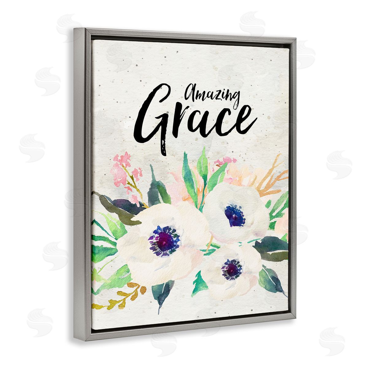 Amy Brinkman Amazing Grace Calligraphy White Flower Blossom Botanicals Gray Floating Frame Canvas Wall Art Print