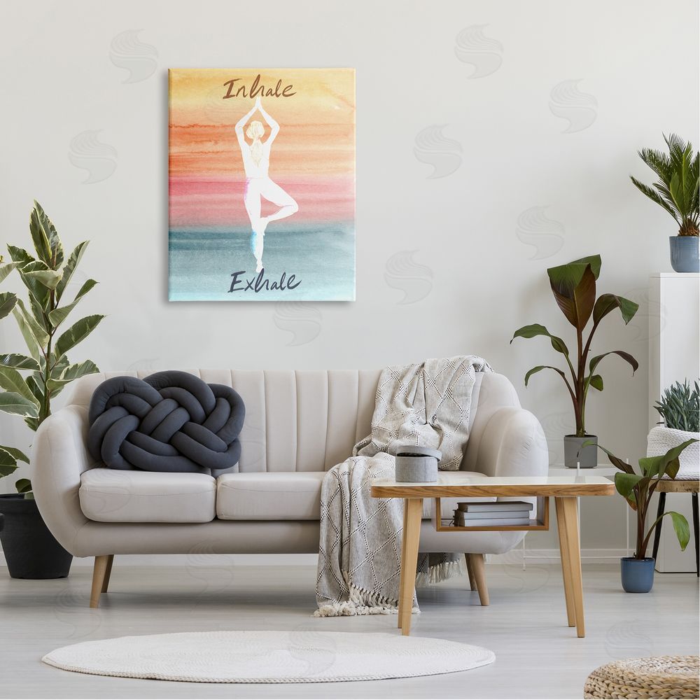 Kate Eldridge Inhale Exhale Soothing Yoga Pose Watercolor Effect  Canvas Wall Art Print in Room