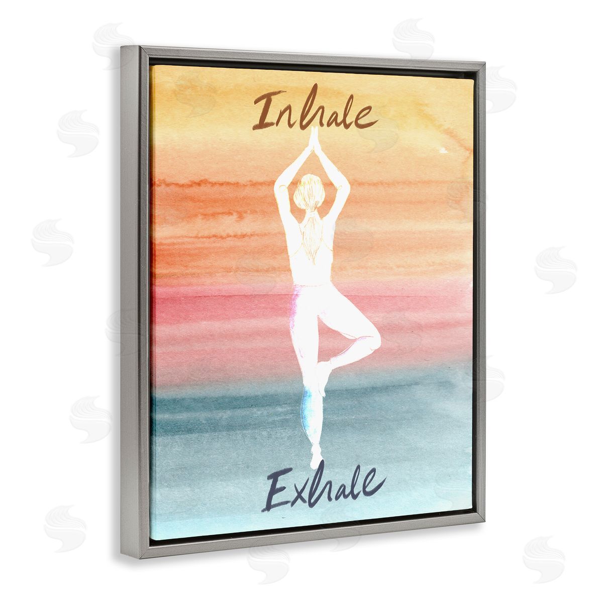 Kate Eldridge Inhale Exhale Soothing Yoga Pose Watercolor Effect  Gray Floating Frame Canvas Wall Art Print
