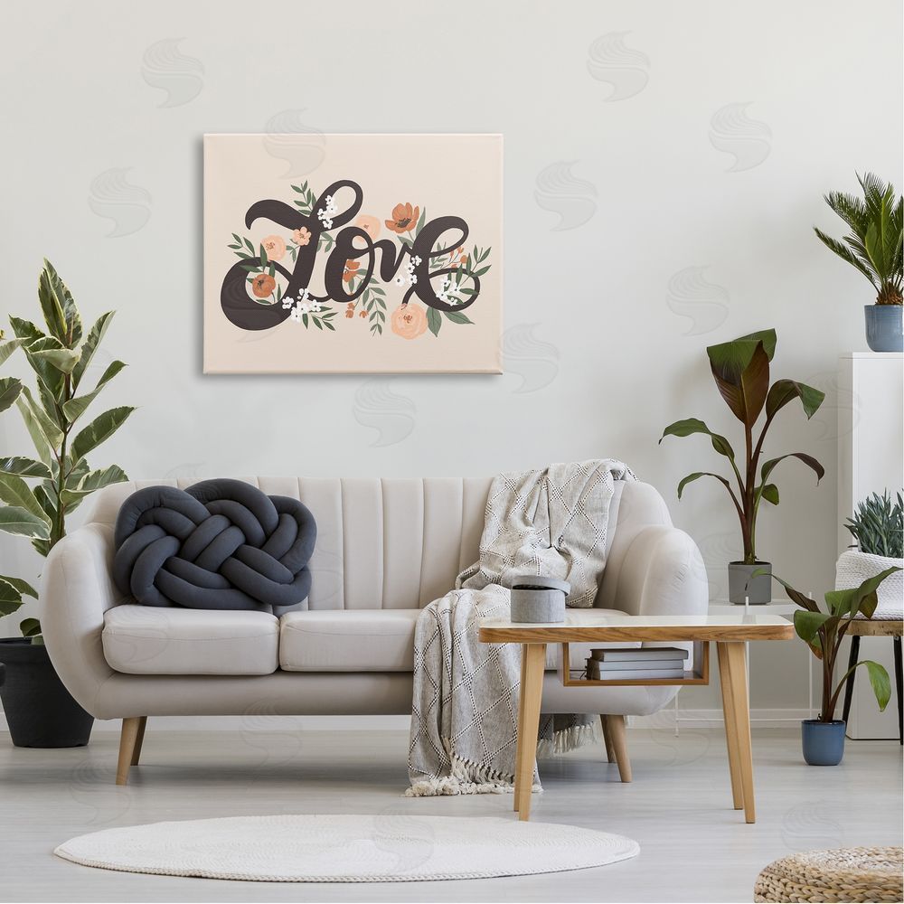 Loni Harris Vintage Love Word Botanical Flowers Weaving Canvas Wall Art Print in Room