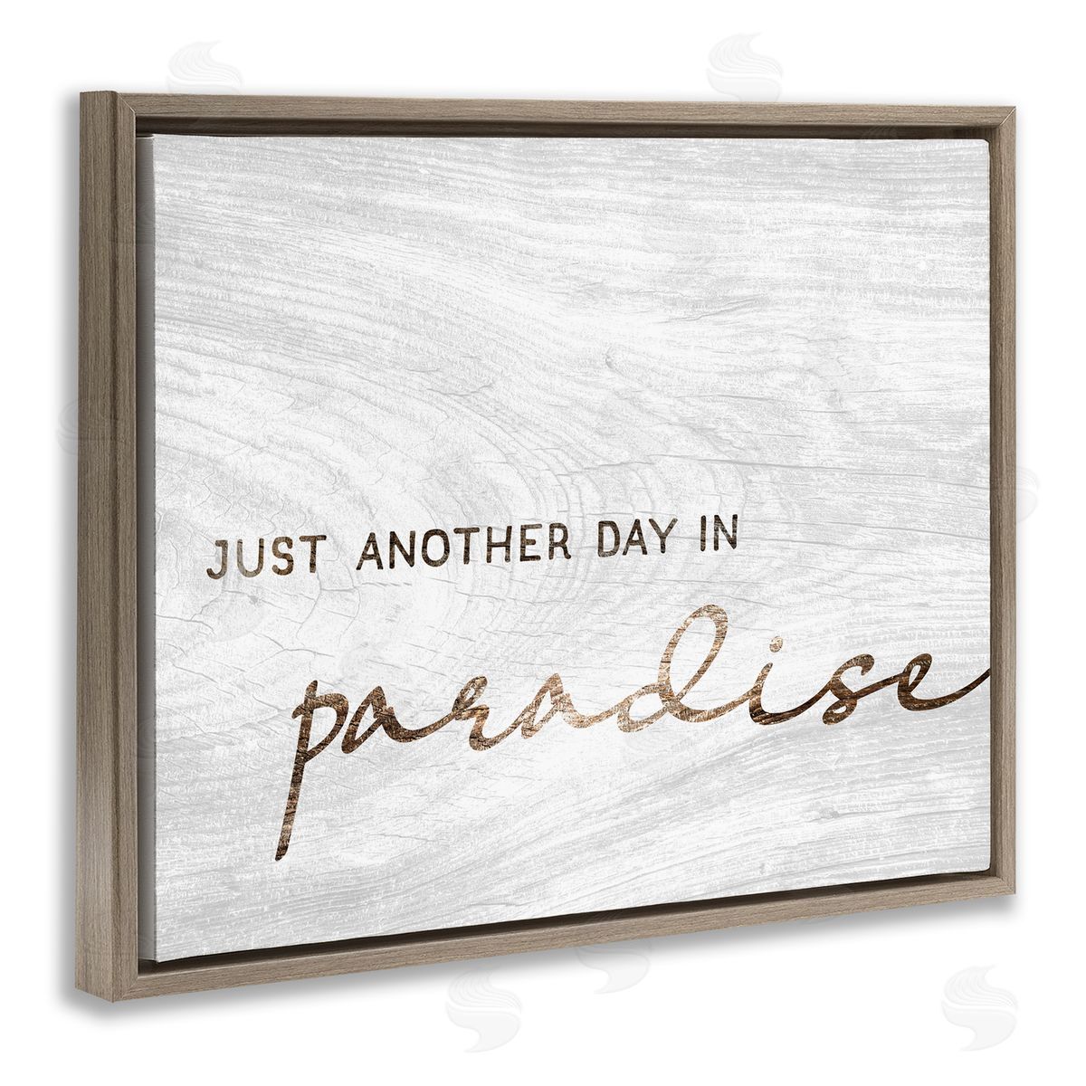 Stupell Studio Paradise Phrase Glam Cursive White Grain Pattern  Brown Floating Frame Canvas Wall Art Print